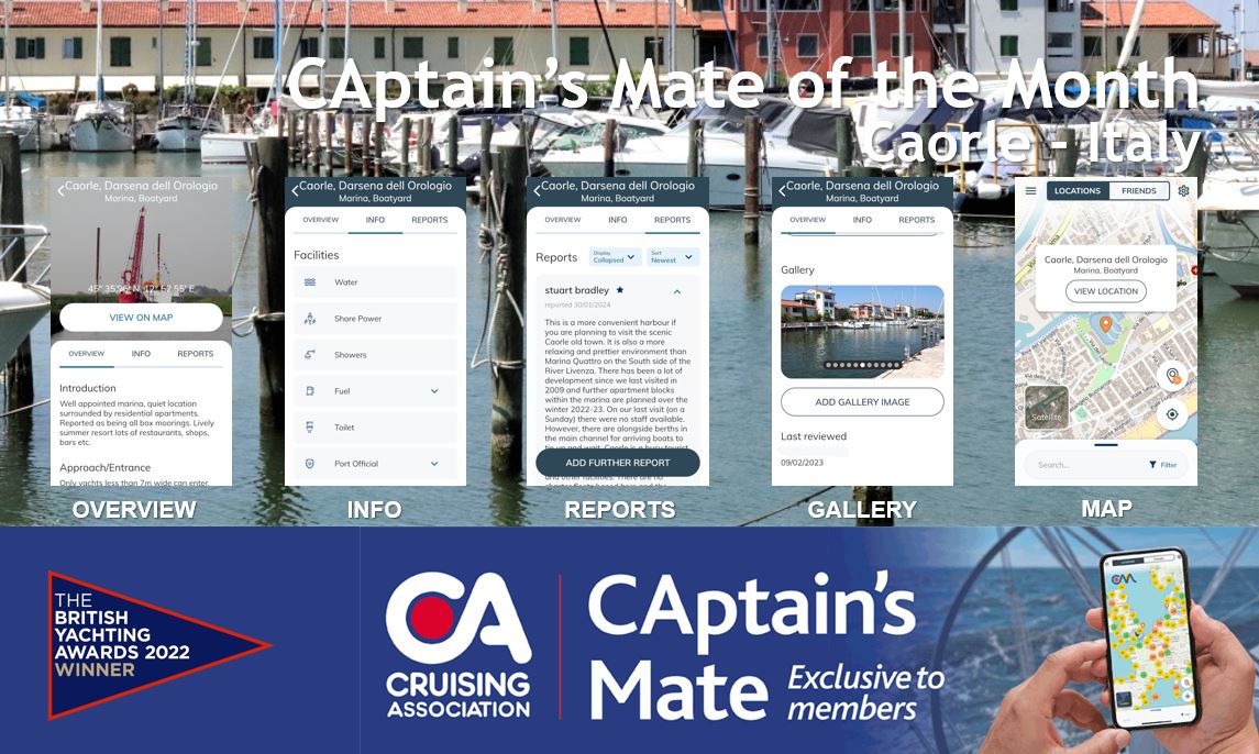 Detailed cruising information on CAptain's Mate for Caorle Marina, Darsena dell Orologio, Italy
