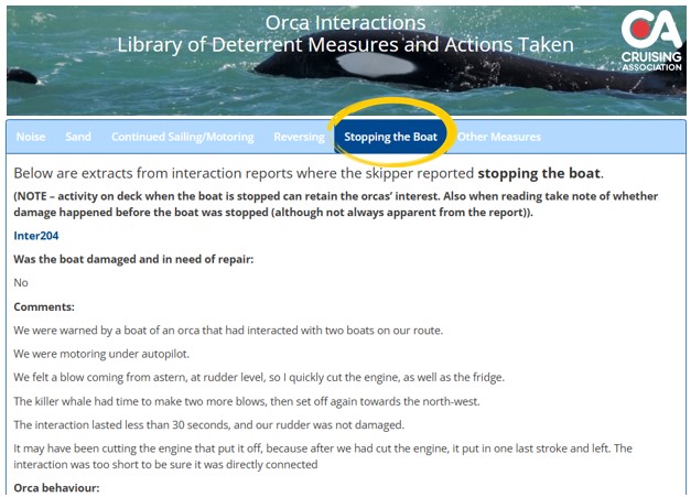 Orca Interactions - library of deterrent measures and skipper's comments