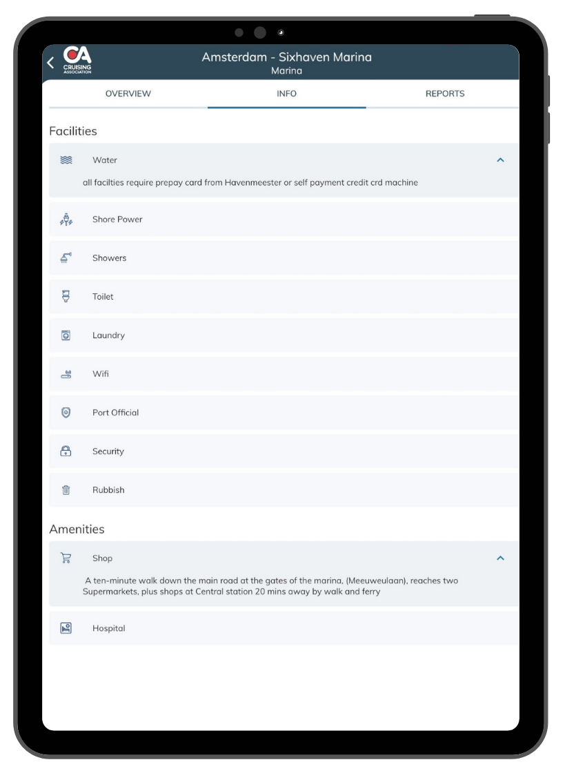 CAptain's Mate app - facilities in Amsterdam among the information on marinas, ports, harbours and anchorages worldwide as a guide for your cruising plans